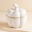 A rustic white pumpkin jar with a distressed paint style