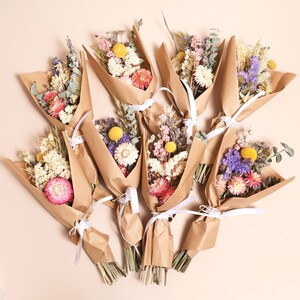 Eight Assorted and Open Wrapped Dried Flower Posies