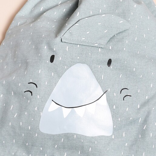 Close Up of Shark Face and Fin on Trixie Mr Shark Drawstring Bag in Blue