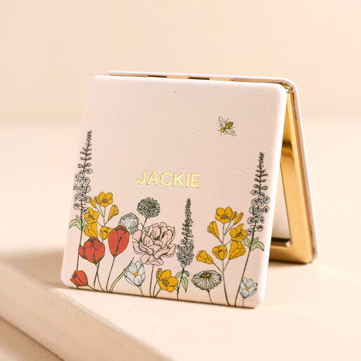 Personalised Floral Bee Initial Compact Mirror on Beige Background
