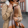 A Model Wearing a Brown Checked Knitted Blanket Scarf Wrapped in a Loop Around the Neck With a Tan Trench Coat