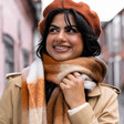 Close Up Model Shot of Brown Check Winter Scarf