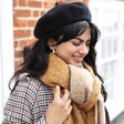 Close Up of Camel Two Tone Winter Scarf on Model