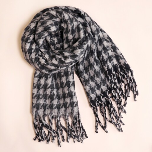Charcoal Houndstooth Winter Scarf Charcoal Houndstooth Winter Scarf on a Beige Background
