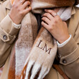 Close Up of Personalised Brown Check Winter Scarf on Model