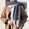 Personalised Charcoal Two Tone Winter Scarf Styled on Model