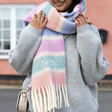 Personalised Pastel Stripe White Winter Scarf Styled on Model