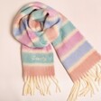 Personalised Pastel Stripe White Winter Scarf on a Beige Background