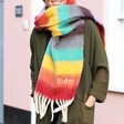 Personalised Rainbow Stripe Winter Scarf Styled on Model 