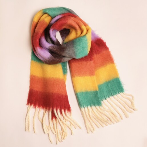 Rainbow Thick Stripe Winter Scarf Rainbow Thick Stripe Winter Scarf on a Beige Background