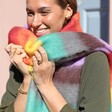 Close Up of Personalised Rainbow Stripe Winter Scarf on Model