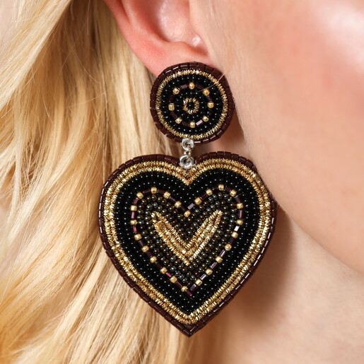 Model Wearing Black Beaded Heart Drop Earrings
