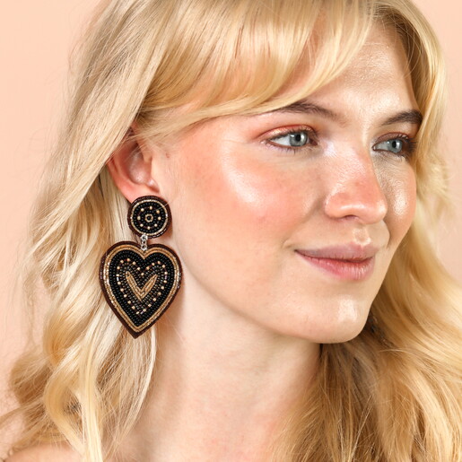 Black Beaded Heart Drop Earrings on Model