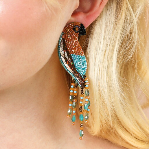 Blue Beaded Parrot Stud Earrings