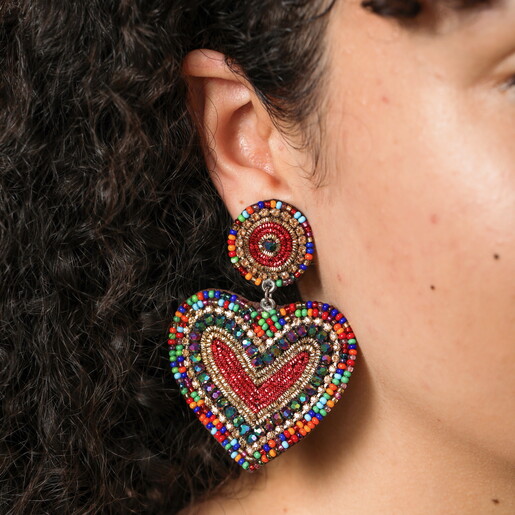 Rainbow Beaded Heart Drop Earrings on Model