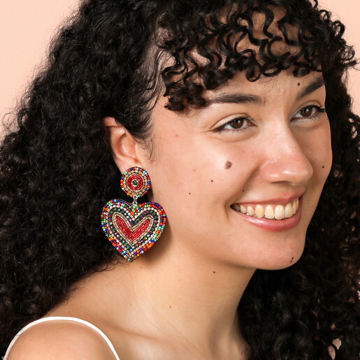 Rainbow Beaded Heart Drop Earrings on Model