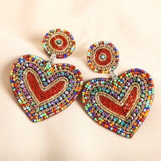 Rainbow Beaded Heart Drop Earrings