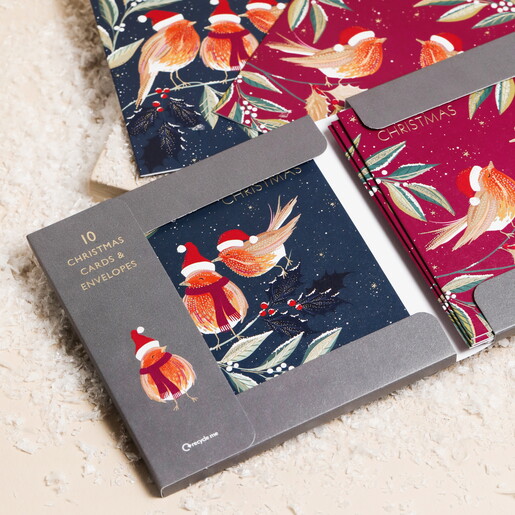 The Art File Robin Merry Christmas Cards 10 Pack in blue and red