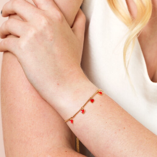 Red Enamel Heart Drawstring Bracelet in Gold