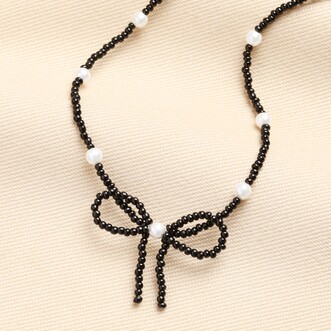 Black Beaded Pearl Bow Pendant Necklace