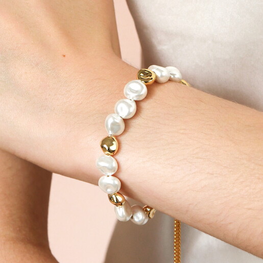 Pearl and Molten Beaded Bracelet in Gold on Model