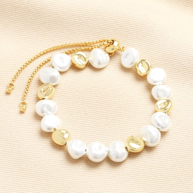 Pearl and Molten Beaded Bracelet in Gold
