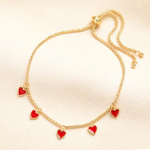 Red Enamel Heart Drawstring Bracelet in Gold