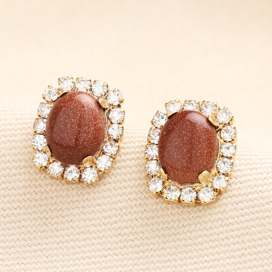 Brown Stone and Crystal Statement Stud Earrings