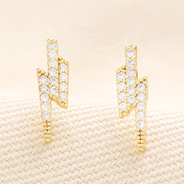 Crystal Lightning Bolt Stud Earrings in Gold