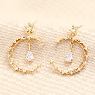 Crystal Moon and Teardrop Drop Earrings in Gold
