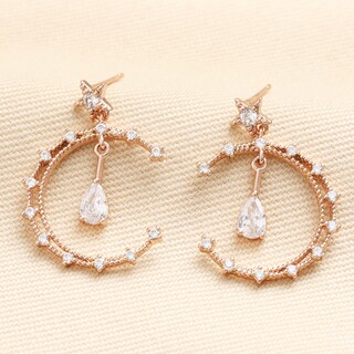Crystal Moon and Teardrop Drop Earrings in Rose Gold