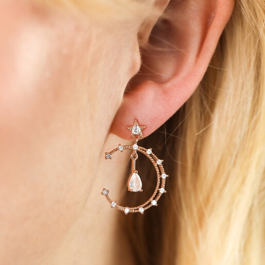 Crystal Moon and Teardrop Drop Earrings in Rose Gold