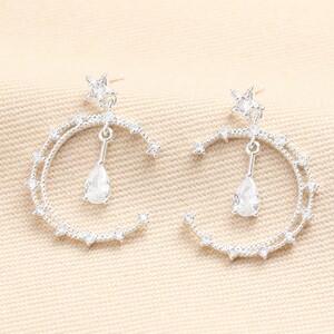 Crystal Moon and Teardrop Drop Earrings in Silver