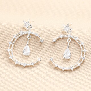 Crystal Moon and Teardrop Drop Earrings in Silver