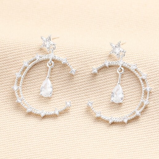 Silver pair of earrings Crystal Moon and Teardrop Drop Earrings in Silver