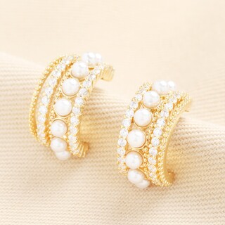 Crystal and Pearl Illusion Hoop Earrings in Gold