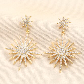 Double Star Crystal Large Earrings in Gold