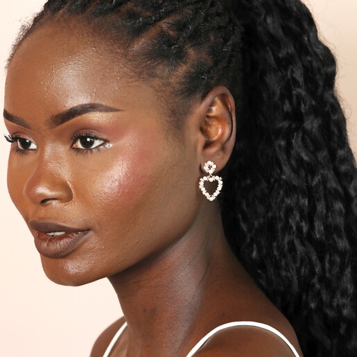 Earrings on Model Pearl and Crystal Heart Drop Earrings in Gold on Model