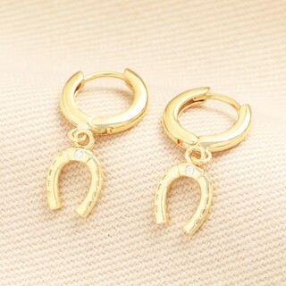 Crystal Horseshoe Huggie Hoop Earrings in Gold