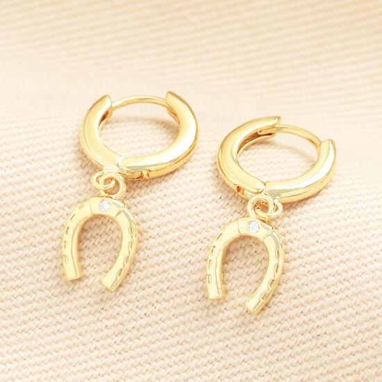Crystal Horseshoe Huggie Hoop Earrings in Gold