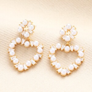 Pearl and Crystal Heart Drop Earrings in Gold