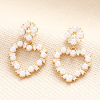 Pearl and Crystal Heart Drop Earrings in Gold
