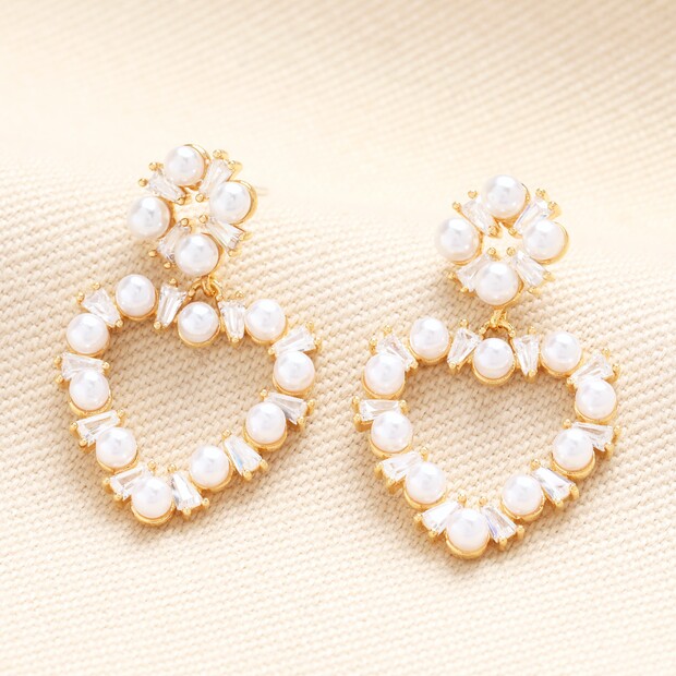 Pearl and Crystal Heart Drop Earrings in Gold Pearl and Crystal Heart Drop Earrings in Gold