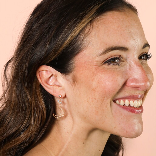 Shooting Star and Moon Drop Earrings in Gold