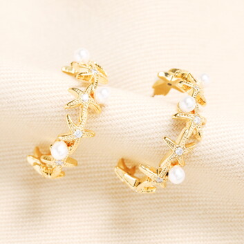 Starfish and Pearl Hoop Earrings in Gold