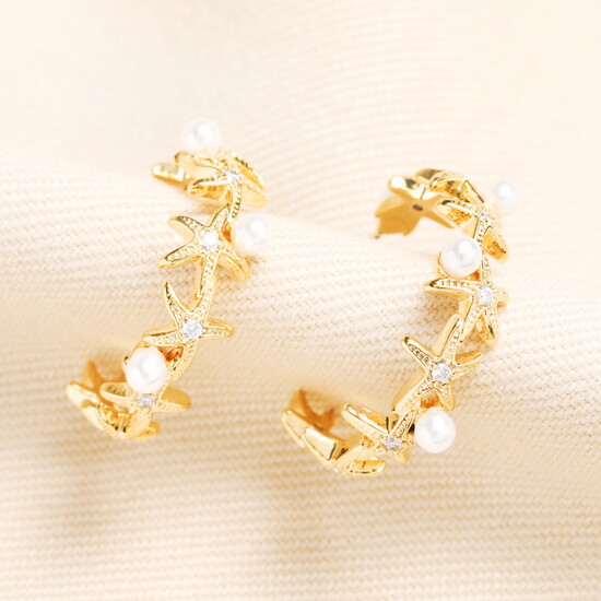 Starfish and Pearl Hoop Earrings in Gold