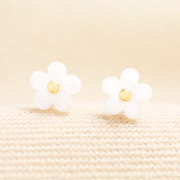 Tiny White Daisy Stud Earrings in Gold