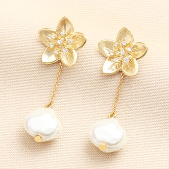 Flower and Freshwater Pearl Drop Earrings in Gold