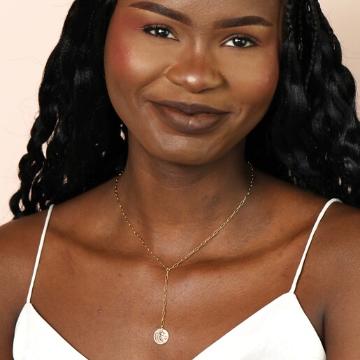 Round Moon and Star Drop Pendant Necklace in Gold on Model