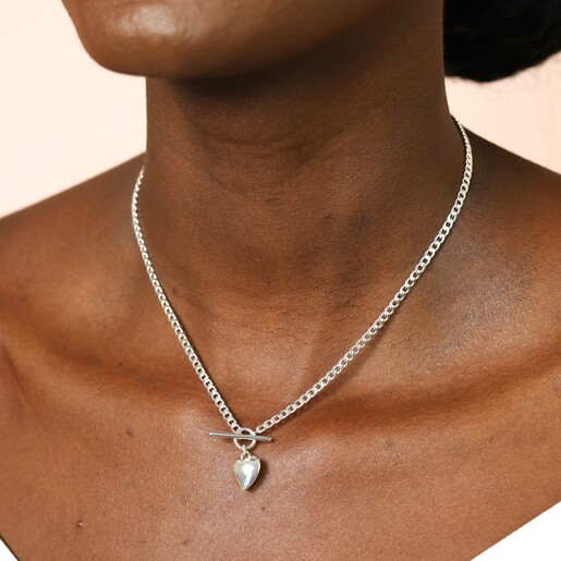 Model Wearing Necklace Model Wearing Silver Heart T-Bar Necklace